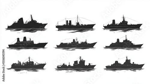 Nine ships' silhouettes over water, different structures and sizes on a white backdrop