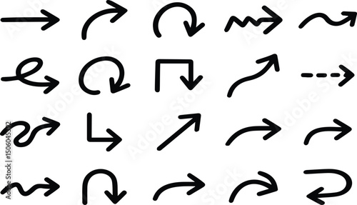 Doodle, curved and angular arrow silhouettes in a variety of directions for design, flow, and guidance uses