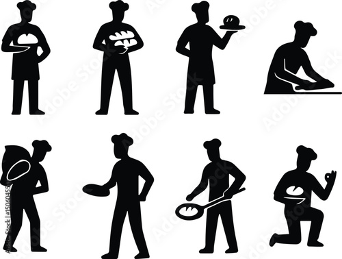 Minimal silhouette icons of bakers performing various tasks including holding bread, serving food, and kneading dough