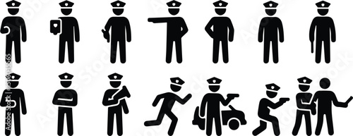 Minimal silhouette icons of police officers in various positions including standing, arresting, and handling