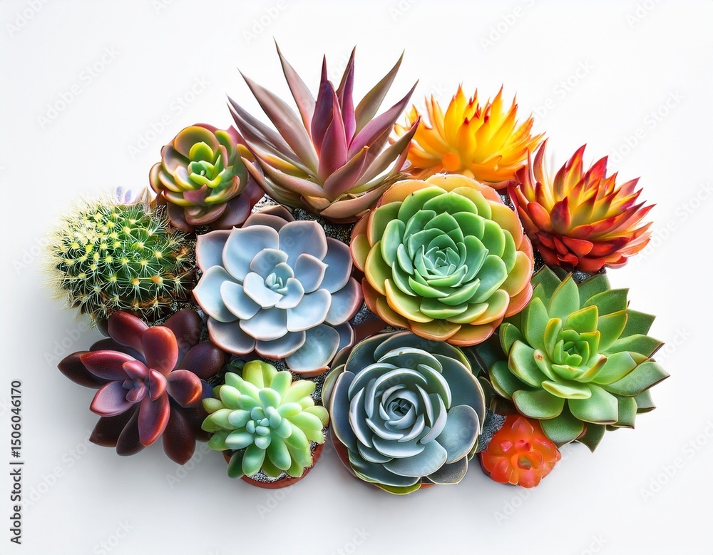 Fototapeta premium vibrant color display of assorted succulents on a white isolated background