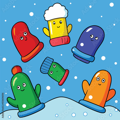 Cartoon Winter Mittens, Scarves, and Hats on Snow Colorful Cold Weather Accessories Vector new 2025 trendy unique