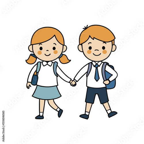 Illustration of a Boy and a Girl Holding Hands Going to School with Backpacks Wearing Uniforms and Smiling Together