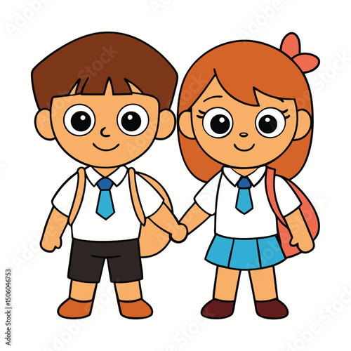 Cartoon illustration of two school kids holding hands wearing uniforms and backpacks going to school friendship and education