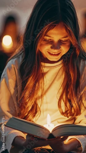 Girl enthralled by book's glow: candlelit reading in focus