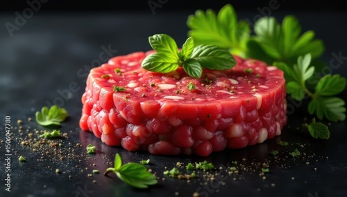 Finely chopped fresh beef tartare, marbled fat, black background, culinary, photography photo