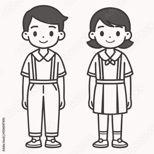 Cute Cartoon Boy and Girl in School Uniform Illustration Back to School Education and Childhood Concept Line Art
