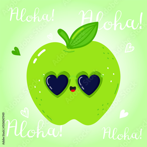 A whimsical illustration of a green apple with heart-shaped eyes saying Aloha on a pastel background.