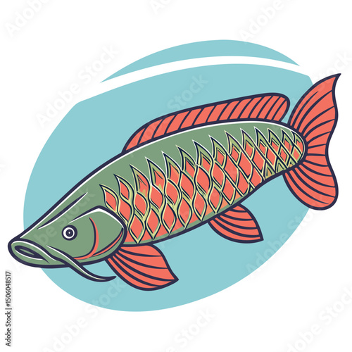 Realistic full-body illustration of Arapaima, a stunning large freshwater aquarium fish, perfect for aquatic-themed design and digital projects.
