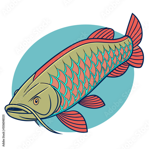 Realistic full-body illustration of Arapaima, a stunning large freshwater aquarium fish, perfect for aquatic-themed design and digital projects.