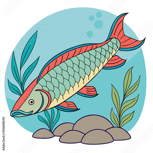 Realistic full-body illustration of Arapaima, a stunning large freshwater aquarium fish, perfect for aquatic-themed design and digital projects.