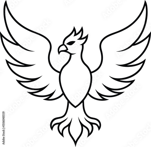 Bold Phoenix Bird Outline in Black and White with Flared Wings and Tail