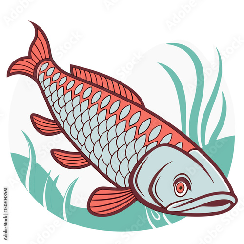 Realistic full-body illustration of Arapaima, a stunning large freshwater aquarium fish, perfect for aquatic-themed design and digital projects.