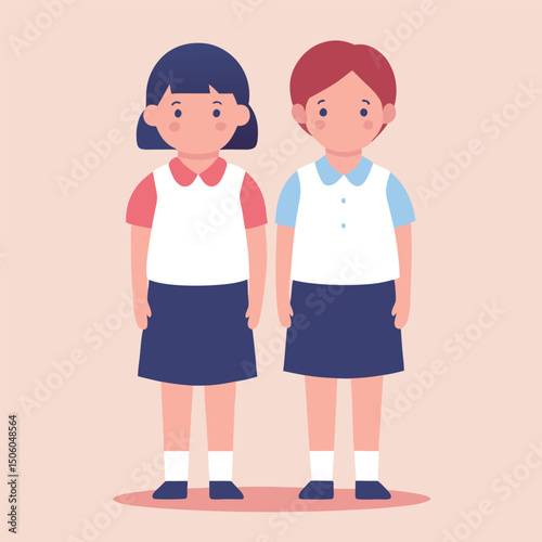 Two Young Girls in School Uniforms Standing Side by Side in a Flat Vector Illustration Style on a Light Background