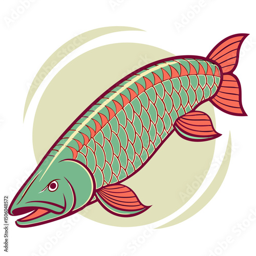 Realistic full-body illustration of Arapaima, a stunning large freshwater aquarium fish, perfect for aquatic-themed design and digital projects.
