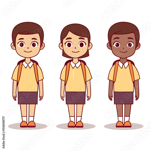 Three Diverse Students in School Uniforms Standing Side by Side Representing Education Diversity and Childhood on a Clean White Background