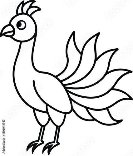 Cartoon Phoenix Bird Illustration with Detailed Tail Feather Outline Art