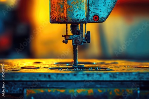 A close-up of the needle and presser foot of an antique sewing machine showing signs of rust and wear.