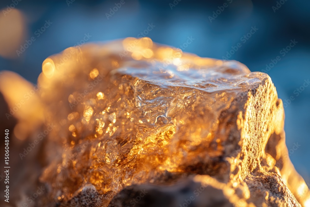 Fototapeta premium Close-up of a translucent, golden ice formation on a textured surface with a blurred blue background, illuminated by warm light.