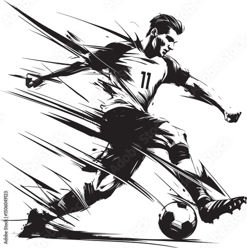 Artistic black and white illustration portraying a soccer player dynamically engaging with the ball on the field. The scene captures energy