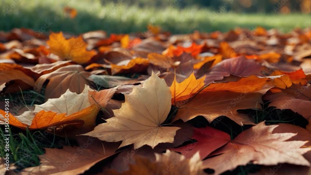 Vibrant autumn scene featuring a carpet of assorted fallen leaves in shades of orange, yellow, and red scattered over a grassy surface, capturing the essence of the fall season.
