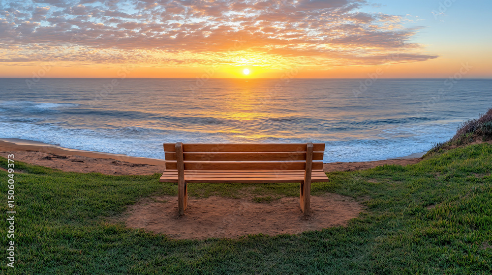 Wooden Bench Facing Ocean Sunset on Coastal Path Wooden Bench Facing Ocean Sunset on Coastal Path