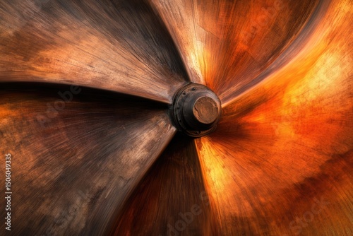 A close-up of an aged and weathered wooden propeller with a textured, radiating pattern and warm, brown tones.