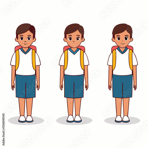 Three Cartoon Schoolboys with Backpacks Standing in a Row Ready for Education and Learning in a Simple Illustration