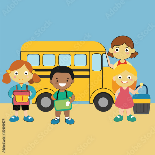 Cartoon Illustration of Diverse School Children Waiting for the School Bus with Backpacks and Lunchboxes on Sunny Day