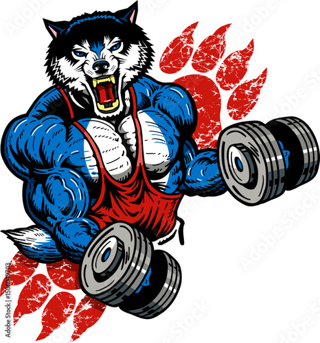muscular wolf mascot lifting weights for school, college or league sports