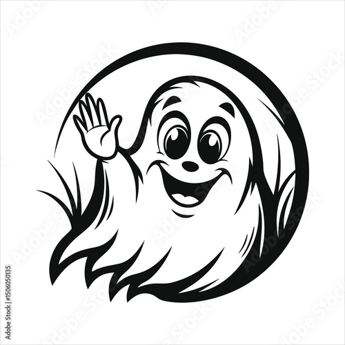 A smiling ghost waving hello  soft shadows  child