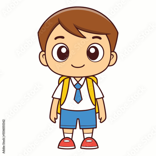 Cute Cartoon Schoolboy Character with Backpack Standing Ready for School Isolated on White Background Vector Illustration