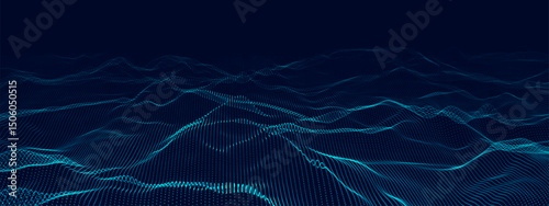 Abstract stylized digital landscape with various geometric patterns, flowing lines and fluid iridescent waves on a dark background. Vector illustration.