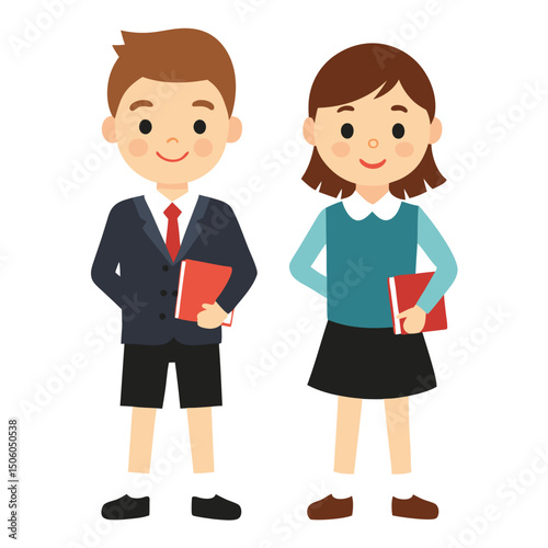 Cartoon Illustration of a Boy and Girl in School Uniforms Holding Books Ready for Education and Learning on a White Background