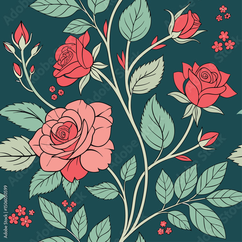 Seamless vintage floral rose pattern with leaves for textile and wallpaper design