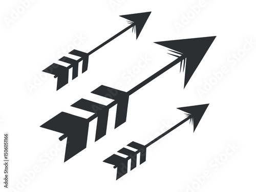 Set of four stylized tribal-inspired arrows, Silhouette of multiple arrows in various sizes, arrow, arrows, silhouette, black and white, black, white, graphic design, vector, illustration, hunting, wa