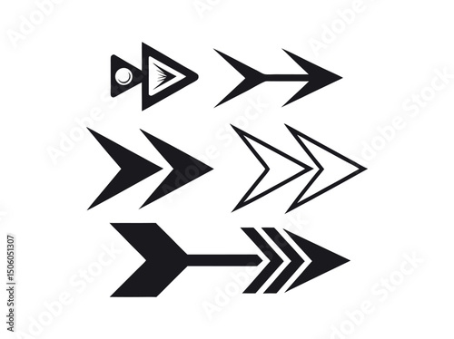 Set of Various Black Arrow Icons on White Background,  collection of diverse arrow icons in a bold black silhouette against a clean white arrow icons, perfect for user interface (UI) design, icon, i