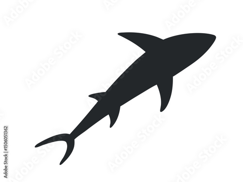 Silhouette of a Shark in Flight vector black, A stylized, dark silhouette of a shark, seemingly in motion, against a pure white background. marine life, ocean, wildlife, animal, predator, dark, black,
