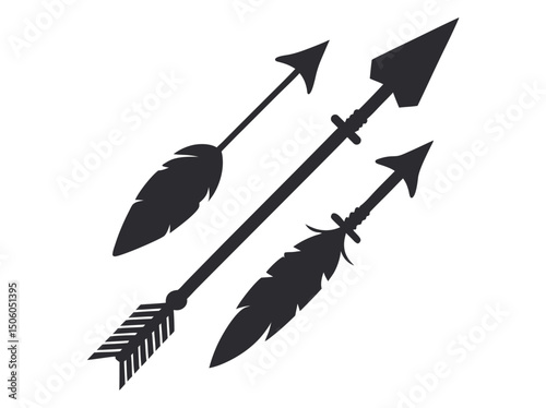 Set of four stylized tribal-inspired arrows, Silhouette of multiple arrows in various sizes, arrow, arrows, silhouette, black and white, black, white, graphic design, vector, illustration, hunting, wa