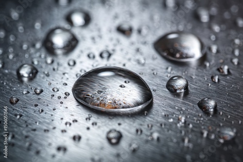 Macro drops of water on brushed metal surface, reflecting light and color – perfect for modern design, technology campaigns, environmental concepts, or abstract editorial use.