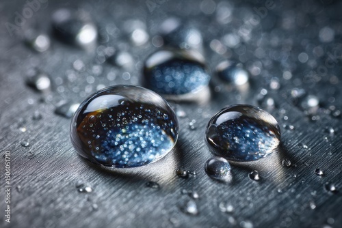 Macro drops of water on brushed metal surface, reflecting light and color – perfect for modern design, technology campaigns, environmental concepts, or abstract editorial use.