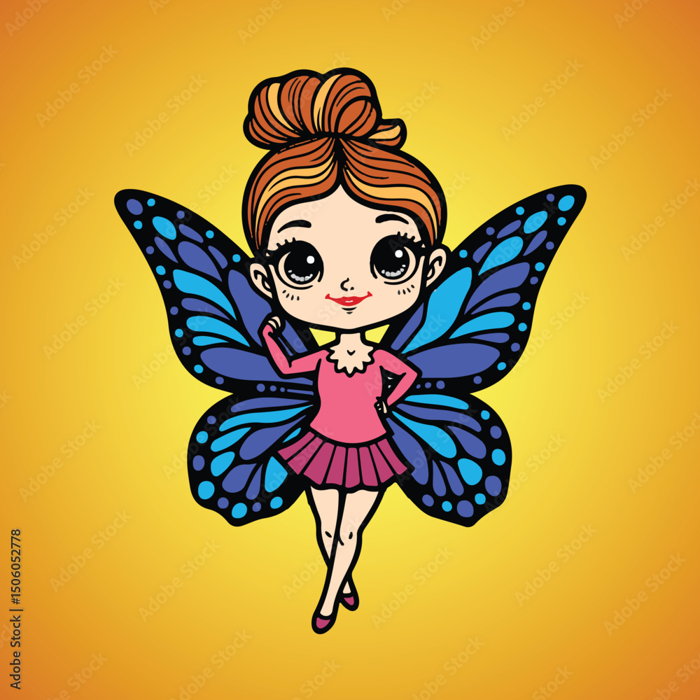 Fototapeta premium Cute Cartoon Fairy Girl with Blue Butterfly Wings – Vector Illustration.