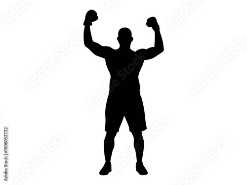 Silhouetted boxer celebrating victory, powerful silhouette of a male boxer celebrating a win, celebration, triumph, success, achievement, athlete, sportsman, muscular, silhouette, black and white, act