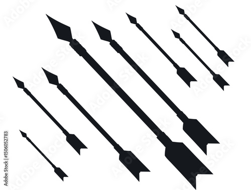 Set of four stylized tribal-inspired arrows, Silhouette of multiple arrows in various sizes, arrow, arrows, silhouette, black and white, black, white, graphic design, vector, illustration, hunting, wa