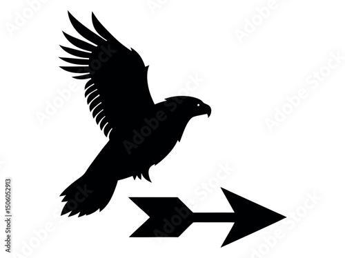 Bird of Prey Soaring with Arrow Symbol, bold, black silhouette of a bird of prey, likely an eagle or hawk, in flight, accompanied by a directional arrow, eagle, hawk, bird, bird of prey, flight, soari