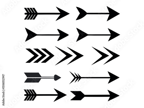 Set of four stylized tribal-inspired arrows, Silhouette of multiple arrows in various sizes, arrow, arrows, silhouette, black and white, black, white, graphic design, vector, illustration, hunting, wa