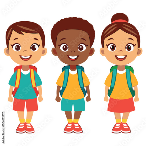 Three Diverse Cartoon Children Ready for School with Backpacks and Colorful Outfits Standing Side by Side and Smiling Happily