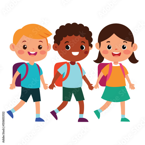 Cartoon Illustration of Three Happy Children Walking to School with Backpacks Diverse Group of Students Back to School Concept Flat Design