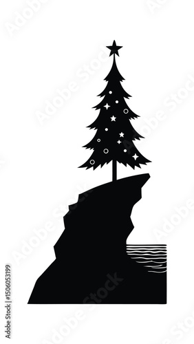 Christmas tree on a cliff silhouette design