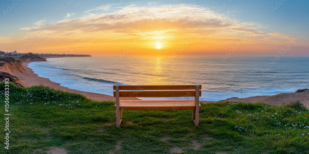 Wooden Bench Facing Ocean Sunset on Coastal Path Wooden Bench Facing Ocean Sunset on Coastal Path